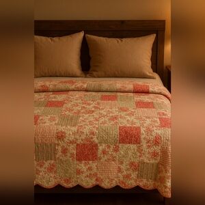 Vintage Patchwork Quilt – Coral Rose & Wheat Cottage Tones